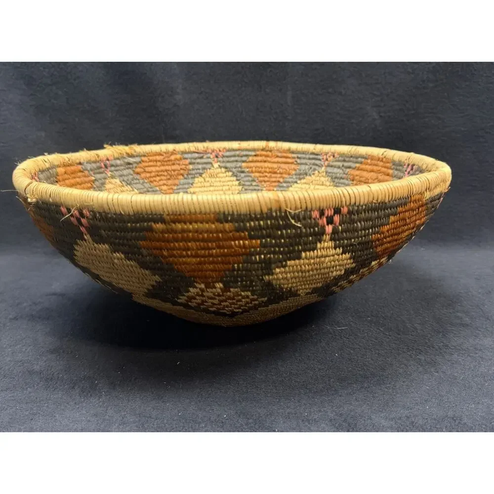 Vintage African Tribal Geometric Coiled Bowl Basket 14” Brown Tan Pink